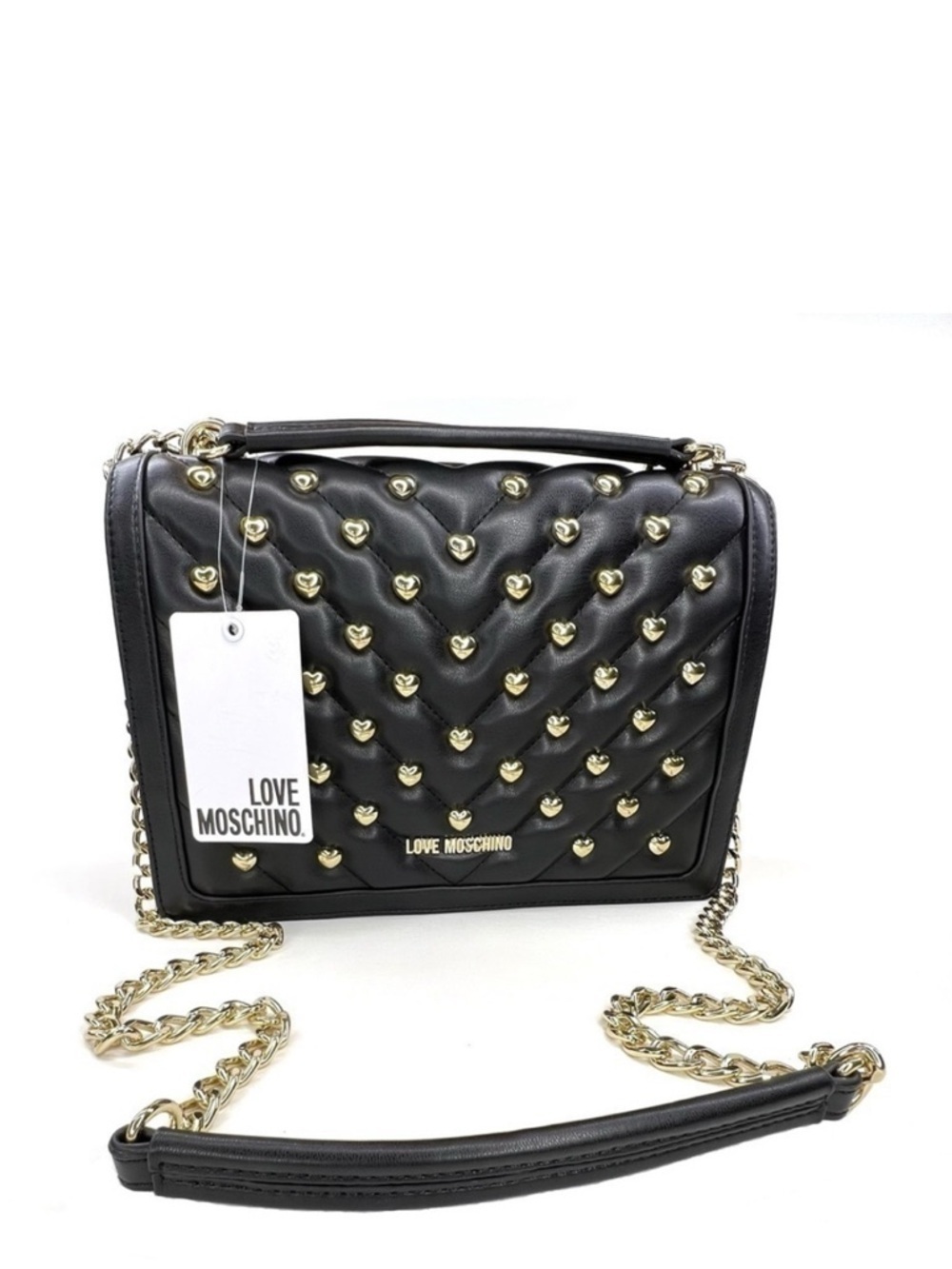 Love Moschino Crossbody / Shoulder Bag Black with Studded Gold Hearts New NWT